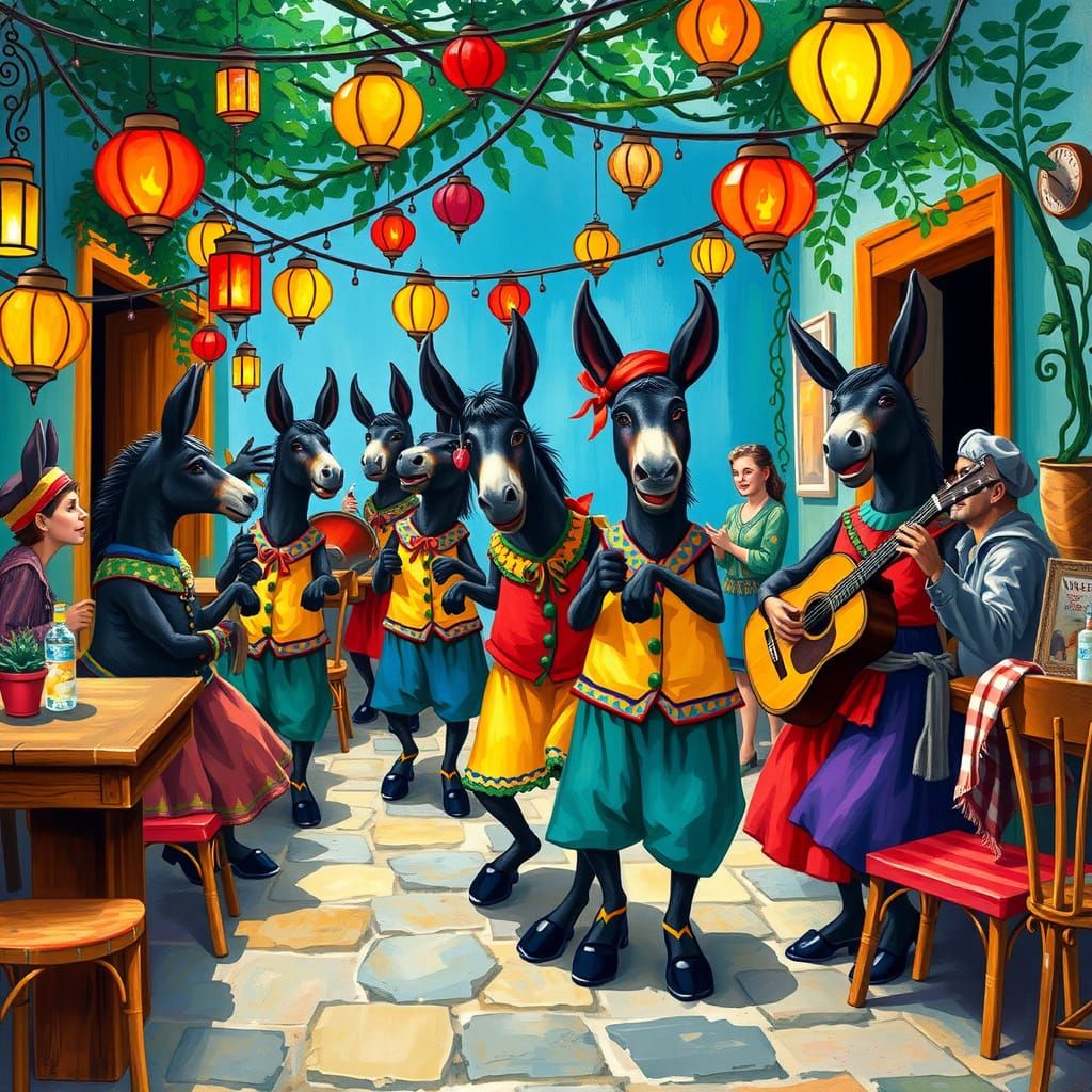 Whimsical Donkeys Dance the Zorba in Colorful Greek Taverna