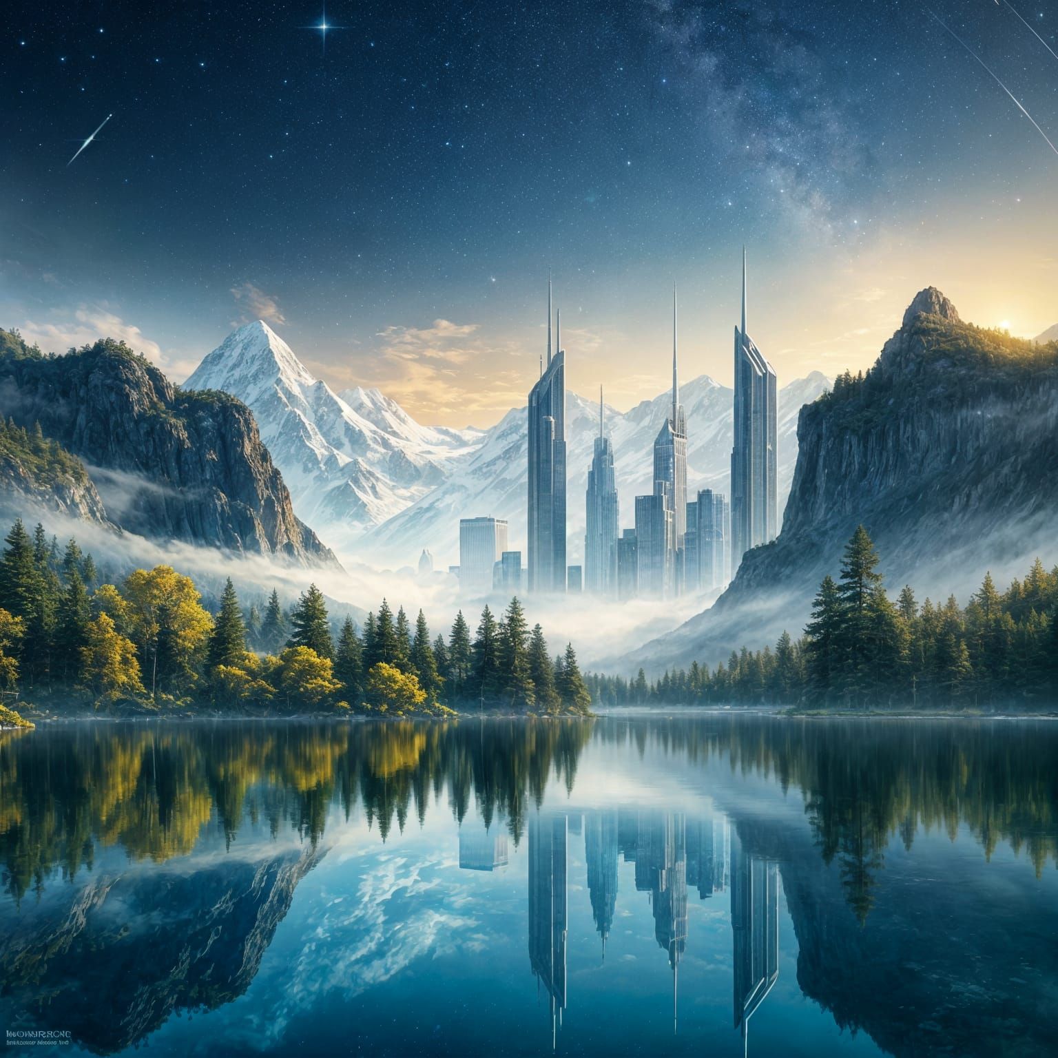 Futuristic Metropolis Reflected in Mountain Lake
