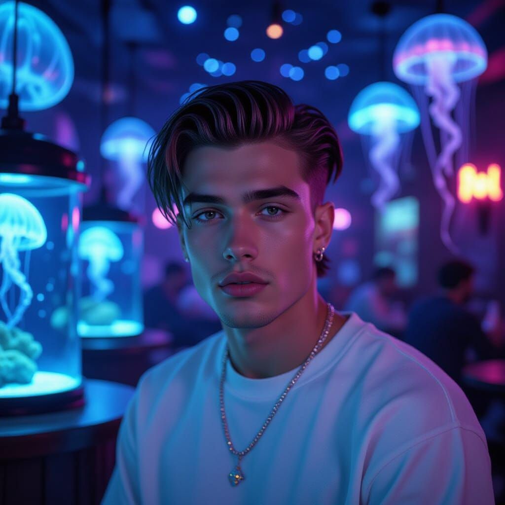 Grunge Man in Celestial Cafe with Jellyfish