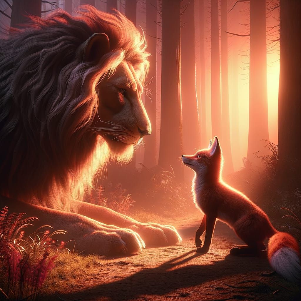 Fox and Lion Encounter in Surreal Forest