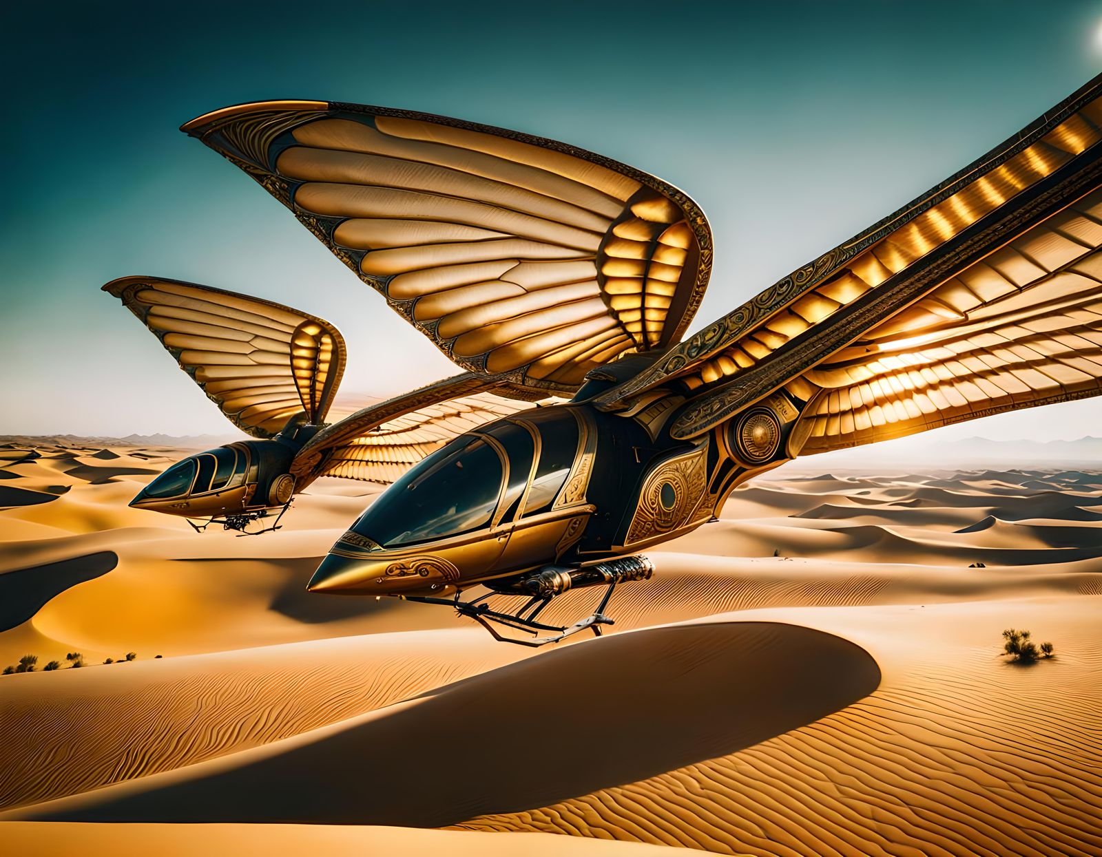 Gilded Ornithopters Over Arrakis: Cinematic Film Still