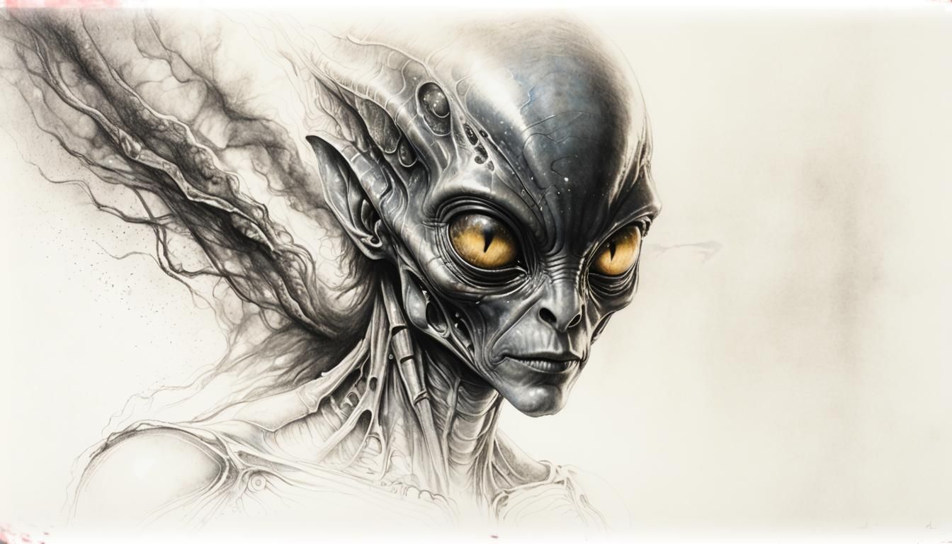Alien Portrait in Charcoal with Golden Light