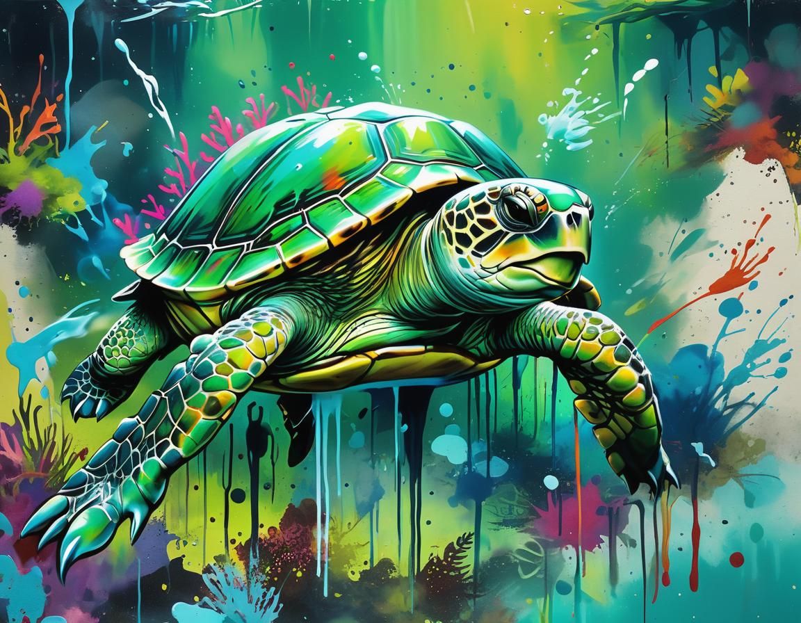 Adventure Turtle Underwater in Graffiti Art