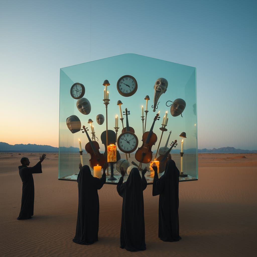 Surreal Desert Dreamscape: Ethereal Dance in Glass Tank