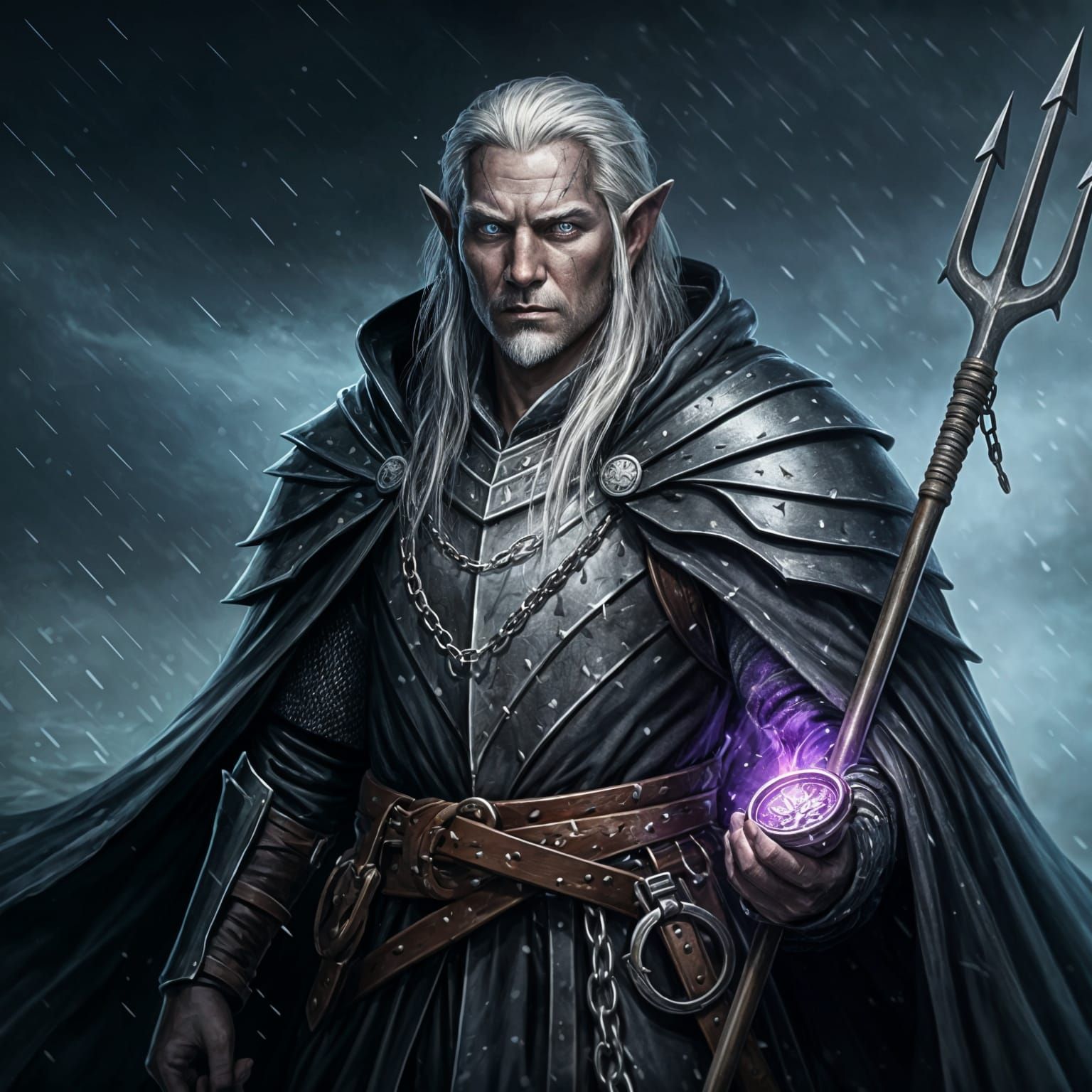 Weathered Drow Seafarer with Trident and Compass