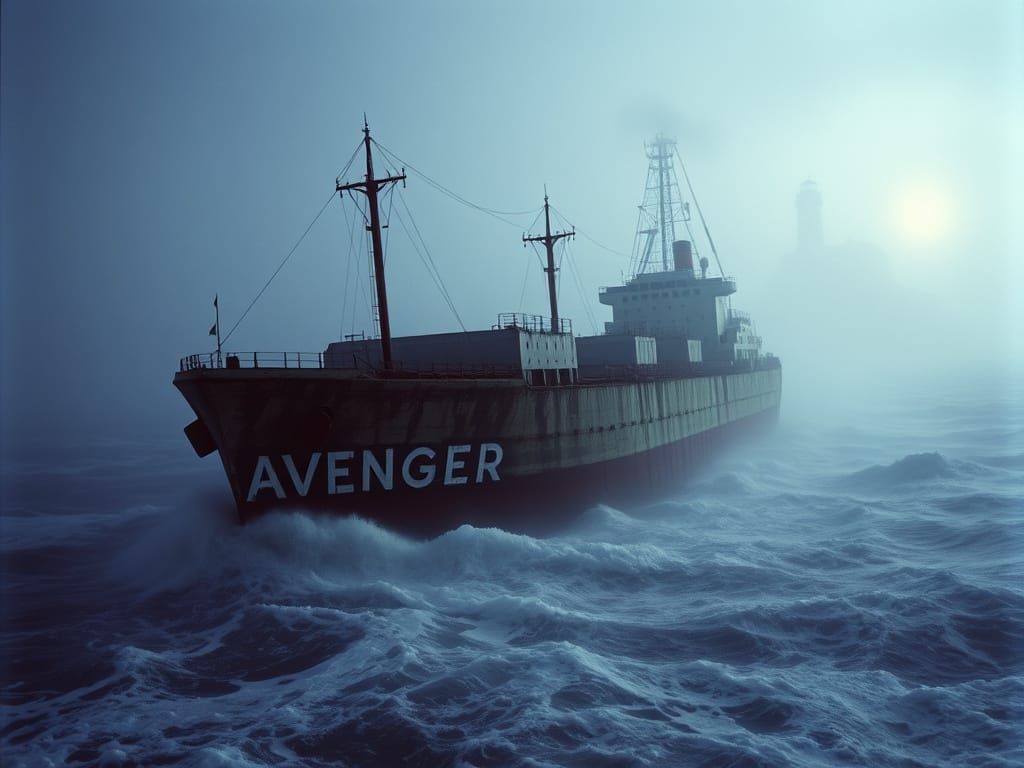 Ghostly Tanker Ship Adrift on Icy Waters