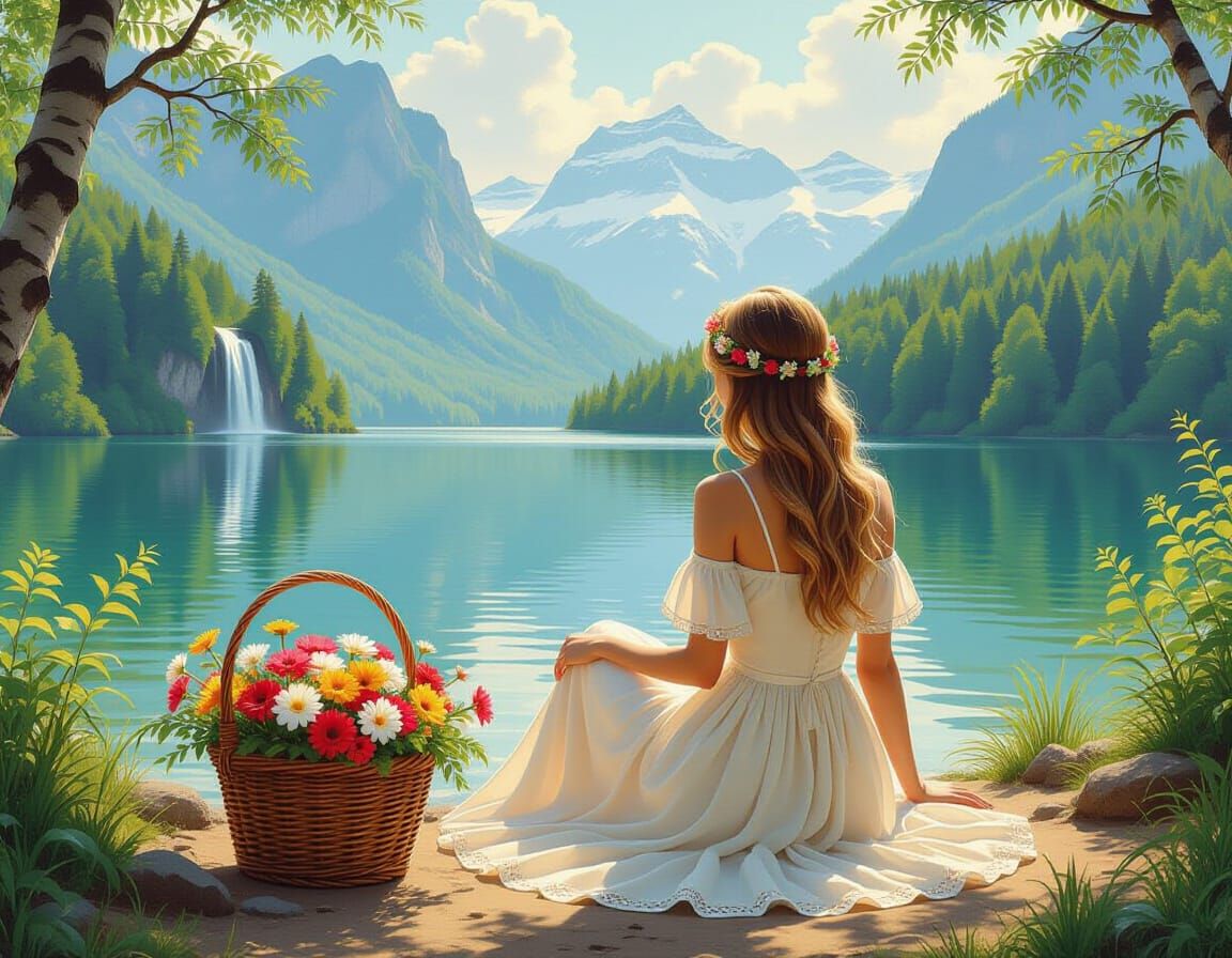 Golden-Haired Girl at Forest Lake: Sfumato Style