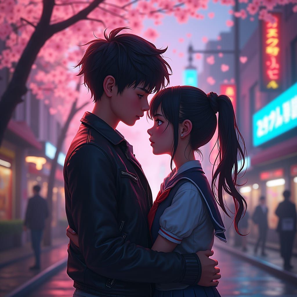 Young Love in a Neon Cityscape: Hispanic Boy & Japanese Girl