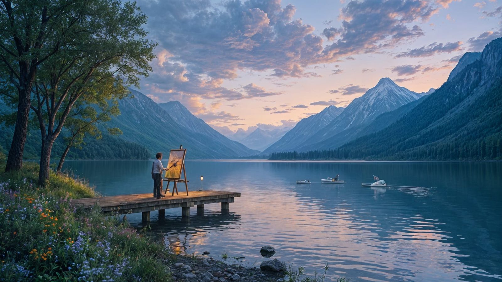 Serene Lakeside Twilight Painting with Artist and Swans
