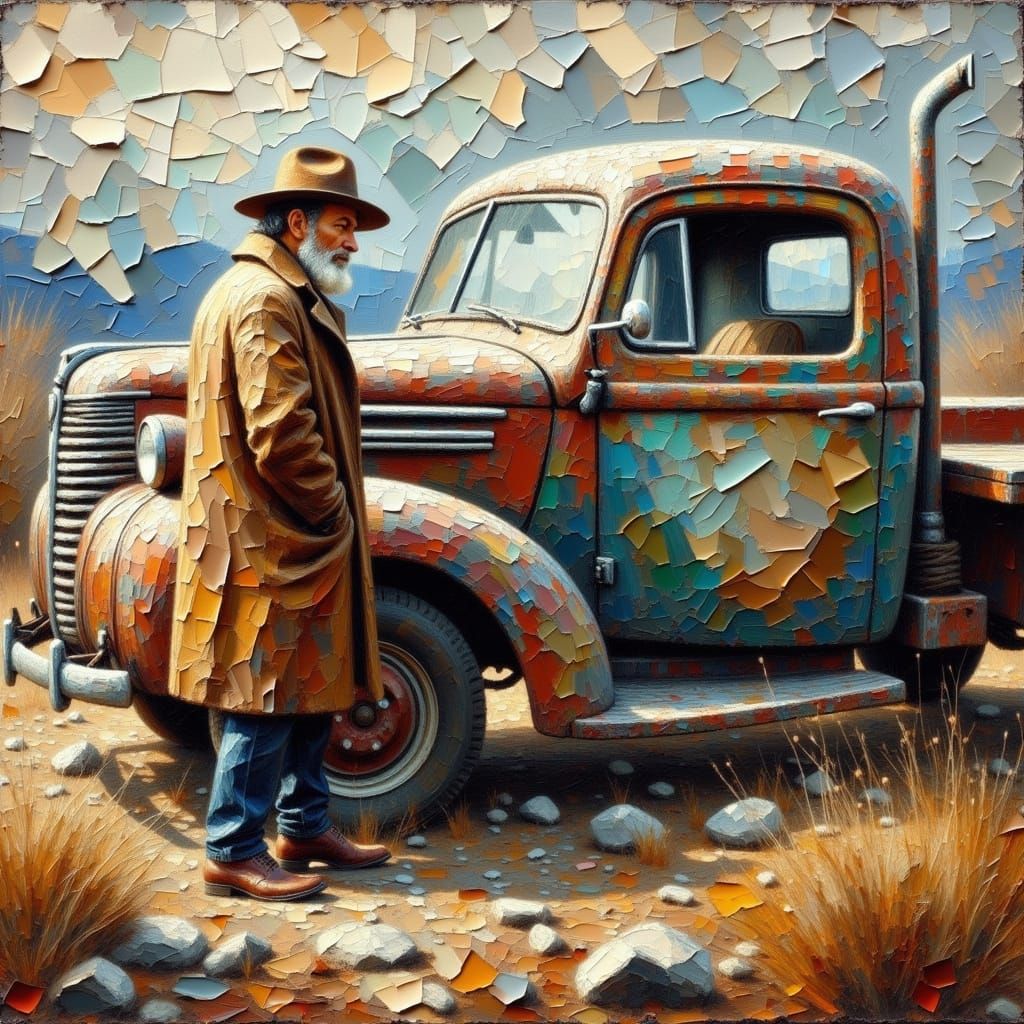 Expressionist Old Man and Ford Truck Impasto Painting