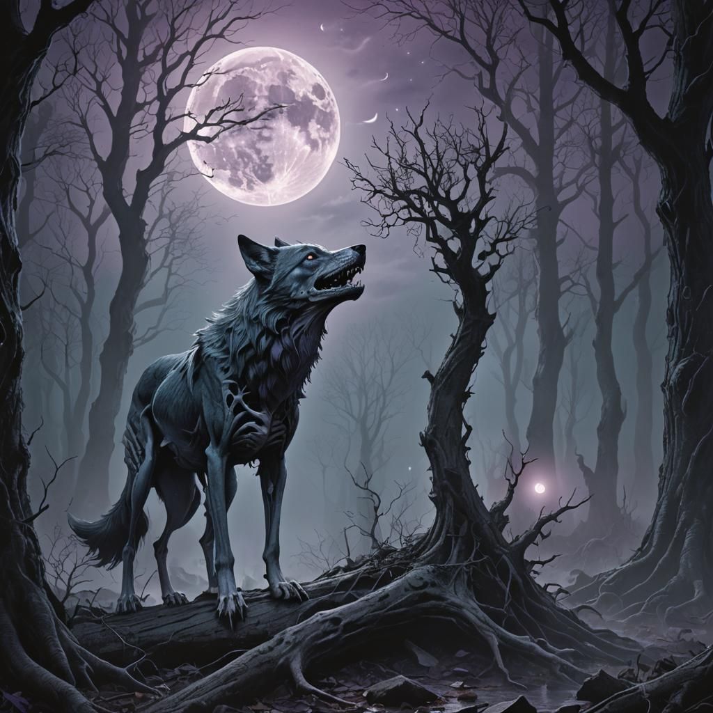 Skeletal Wolf Howls in Misty Gothic Forest