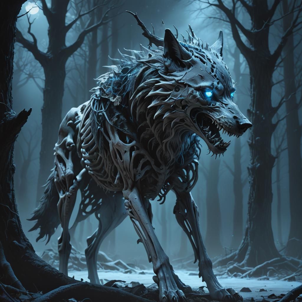 Eerie Skeletal Wolf in Dark Fantasy Art