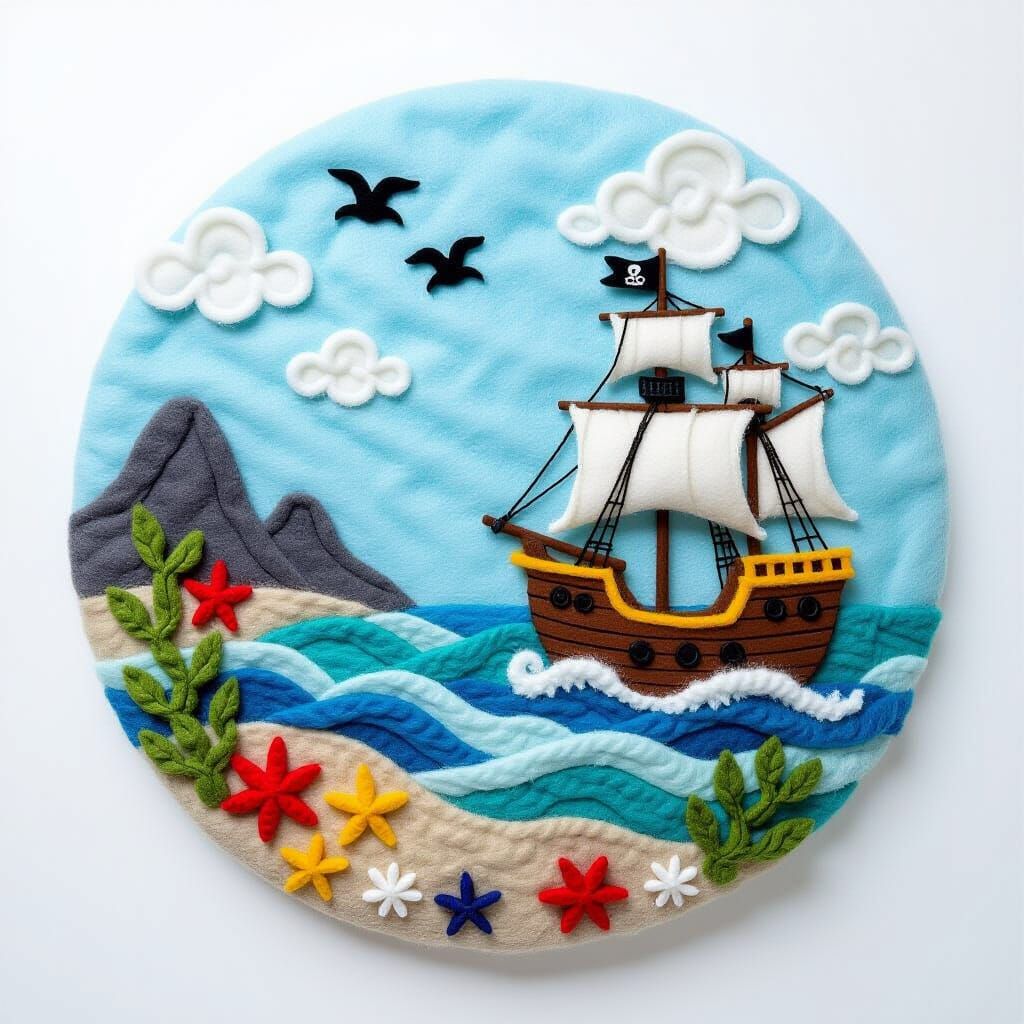 Felted Pirate Ship on Playful Sea Landscape