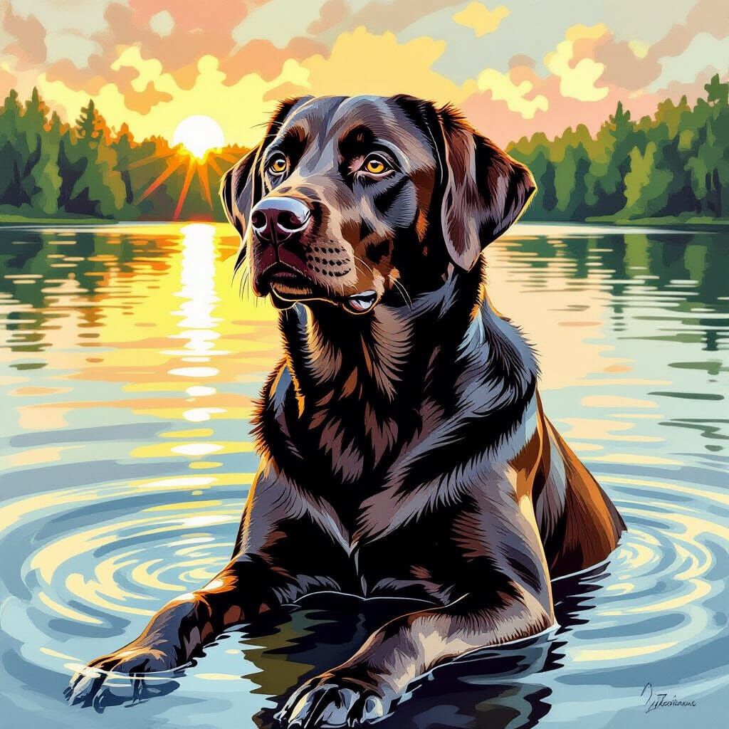 Labrador Portrait Blended with Waterscape in Chalk Ink Style