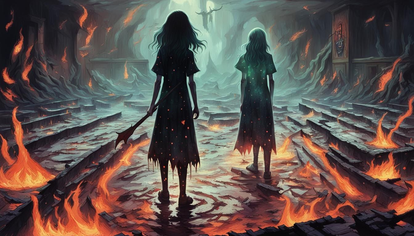 Eerie Girl in Haunted Fire Pool: Horror Style