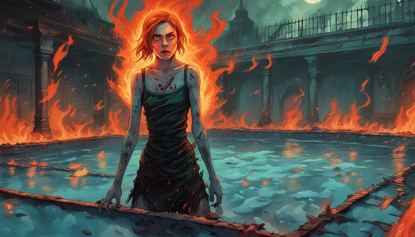 Horror Witch Girl on Razor Blades in Fire