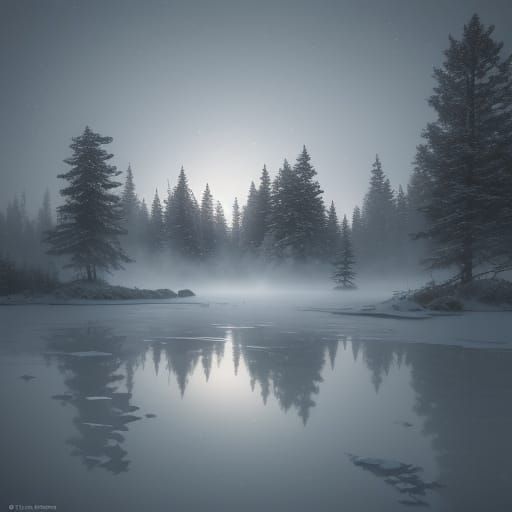 Snowy Fir Forest at Night with Playful Rabbits and Frozen La...