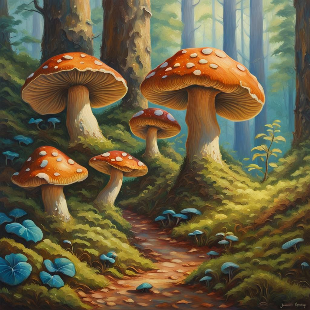 Luminous Fantasy Mushrooms in Oil Painting Style