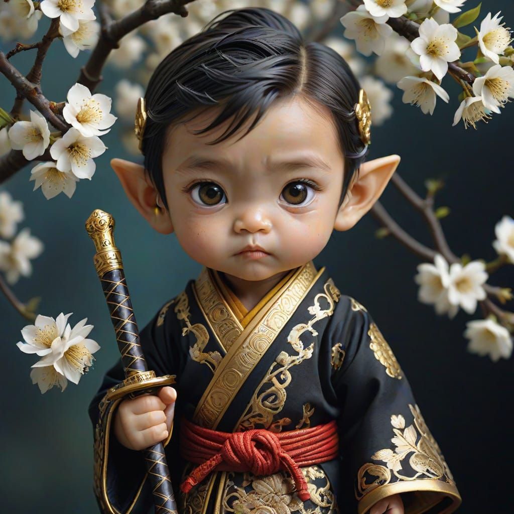 Adorable Elf Warrior Baby in Samurai Robes