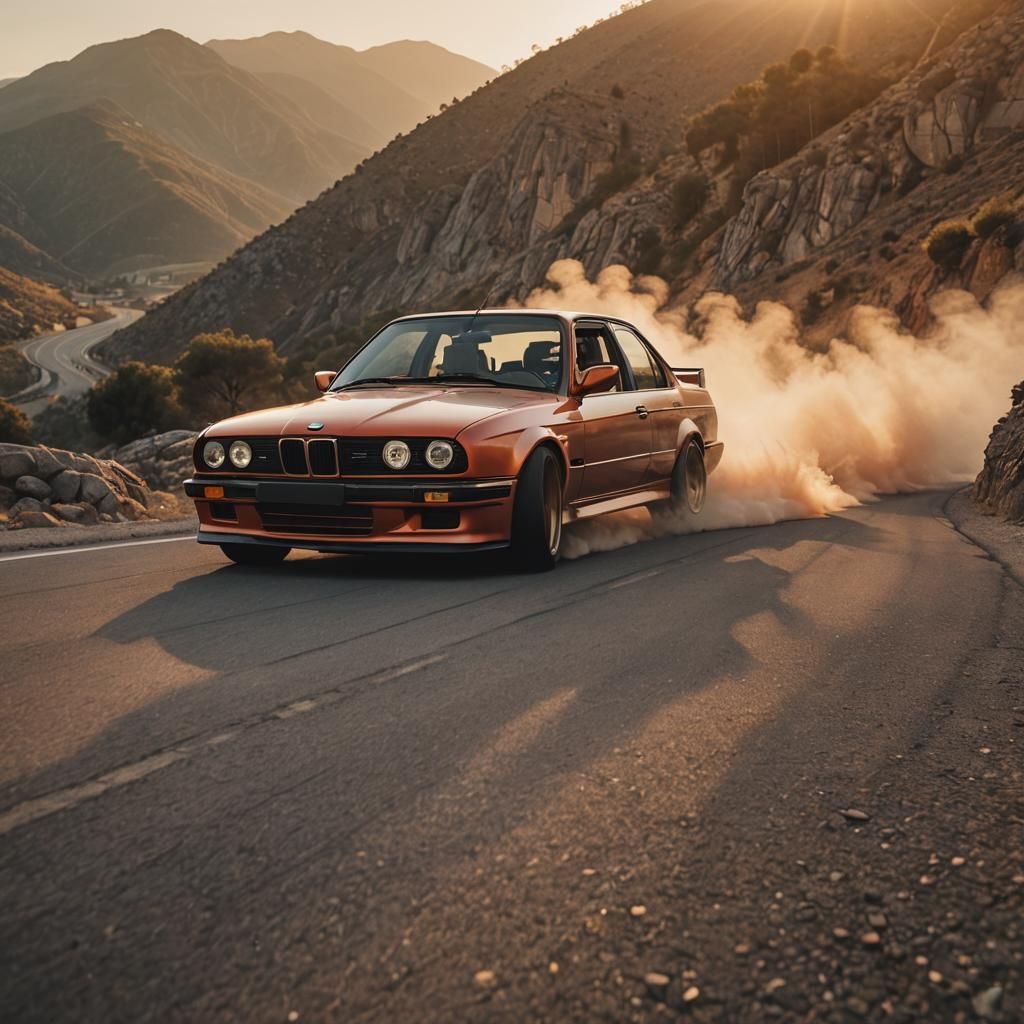 BMW M3 E30 Drifting at Sunset: Hyperrealistic Car Photograph...