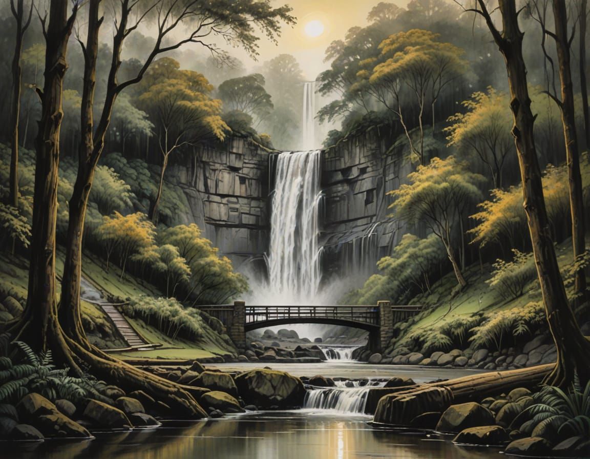 Expressionist Charcoal Landscape with Waterfall and Bridge