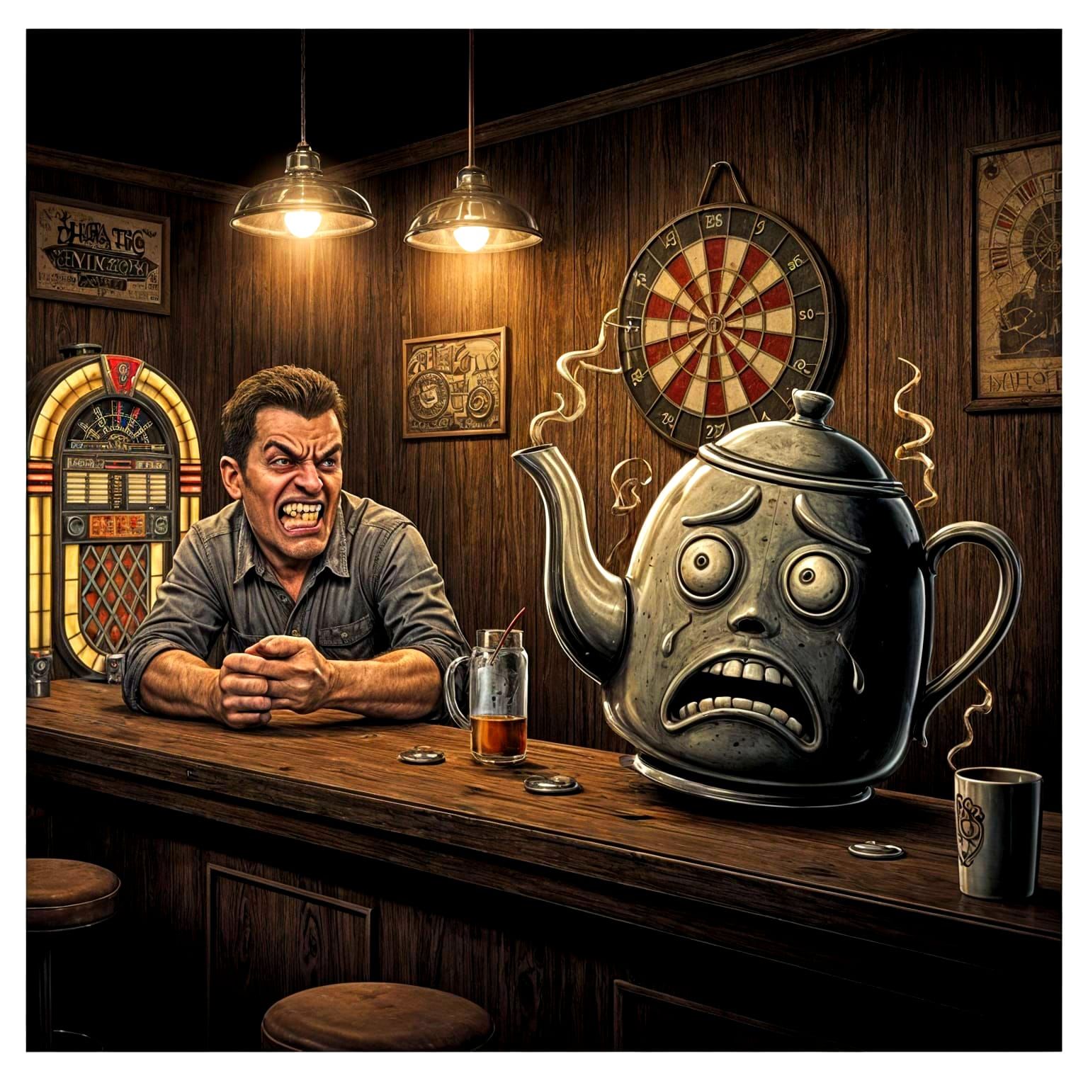 Terrified Teapot in a Bar Scene