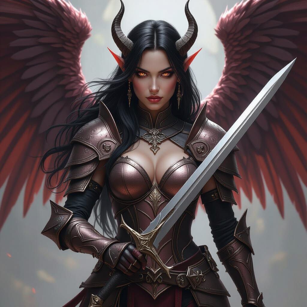 Tiefling Warrior With Angel Wings In Scale Mail Armor