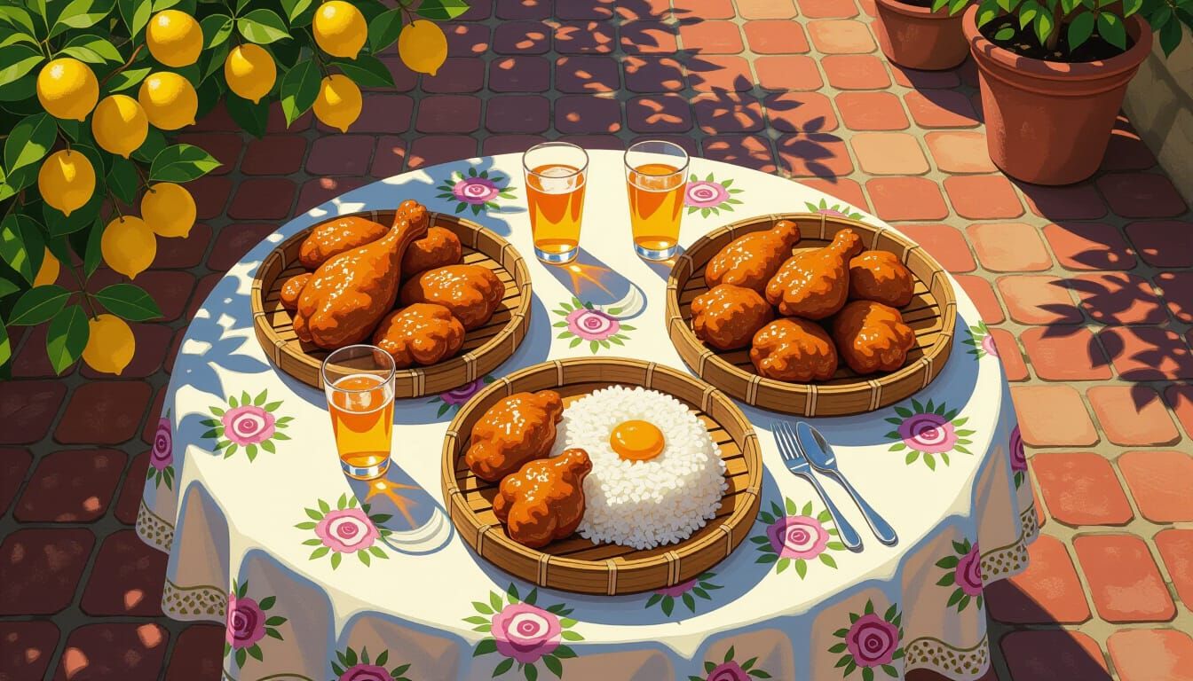 Fried Pork and Sticky Rice Feast in Rural Setting