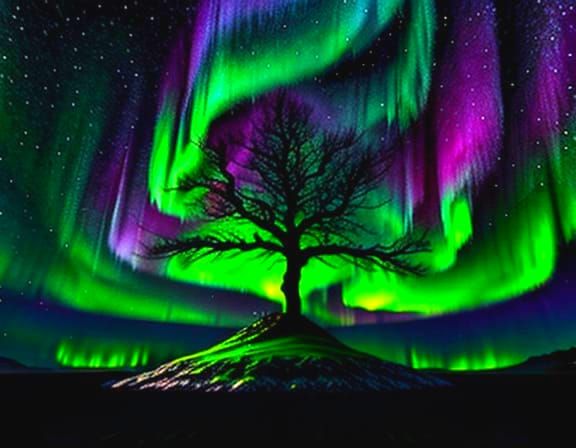Matrix Aurora Over Mountain Tree