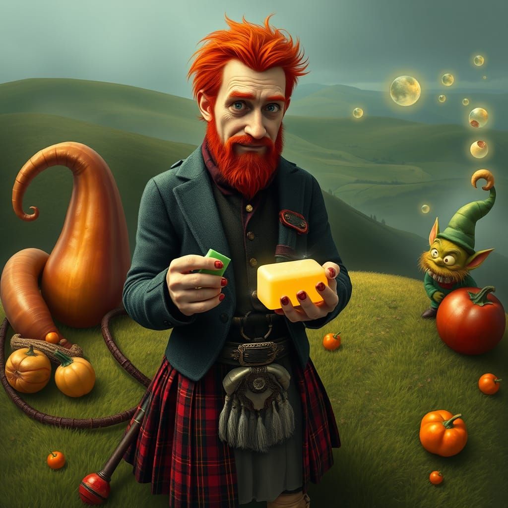 Whimsical Scottish Highlander Amidst Mutated Foods in a Fant...
