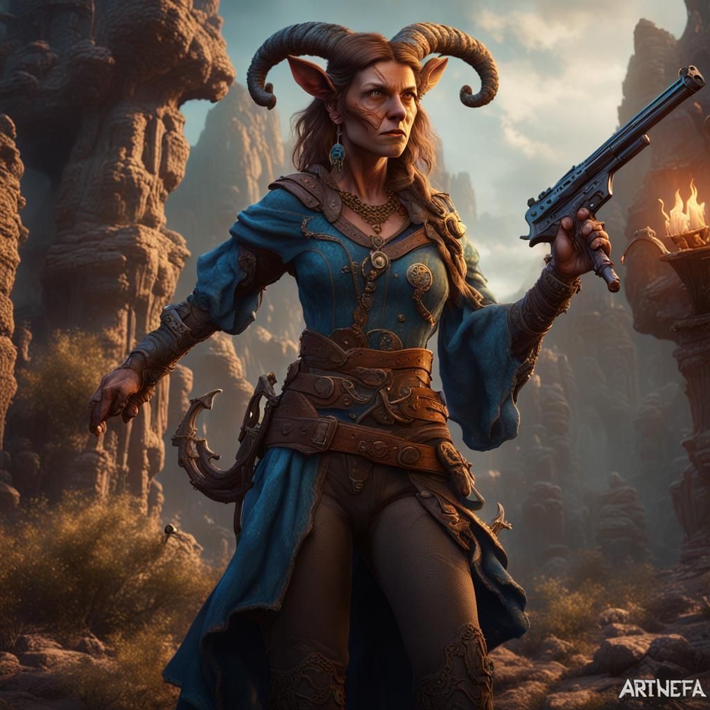 Female Satyr Gunslinger Wizard in Detailed Fantasy Art