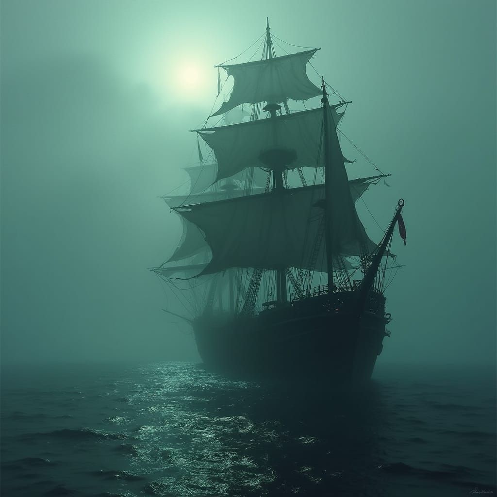 Spectral Pirate Ship Drifts Through Misty Caribbean Waters