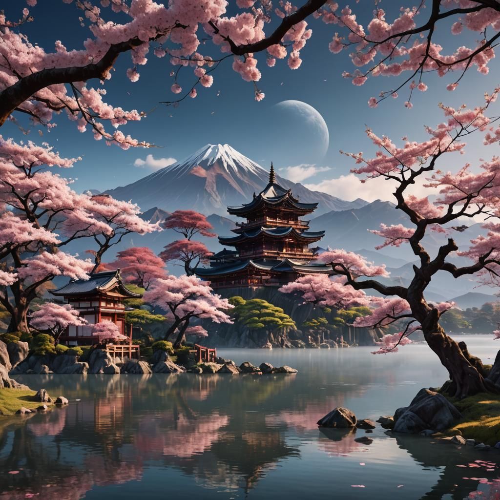 Sakura Tree by Lake: Fantastical Matte Painting