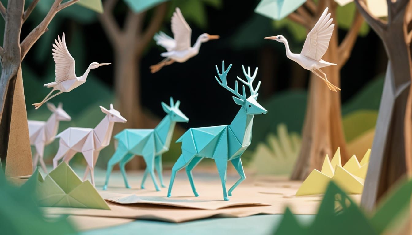 Papercraft Wildlife Sanctuary with Stag and Cranes