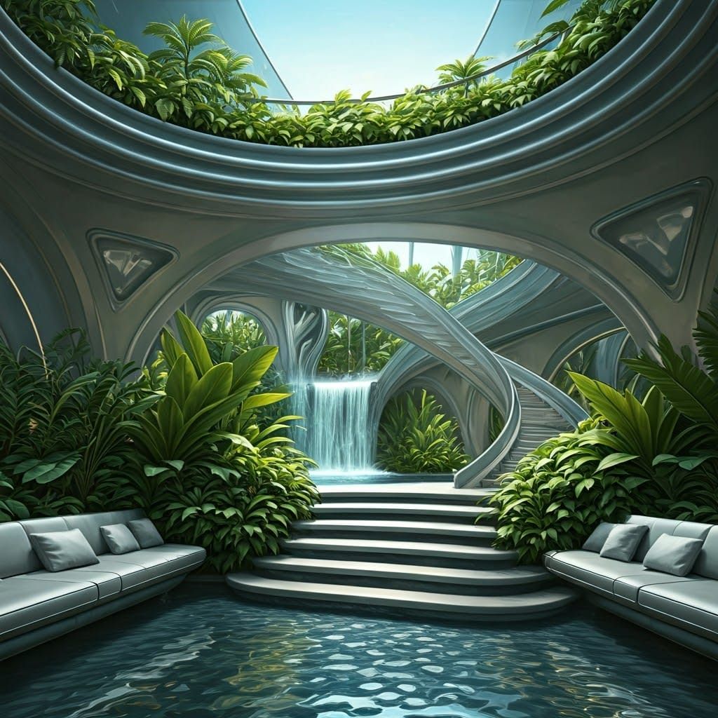 Futuristic Silver Garden Oasis Inspired by Space Age
