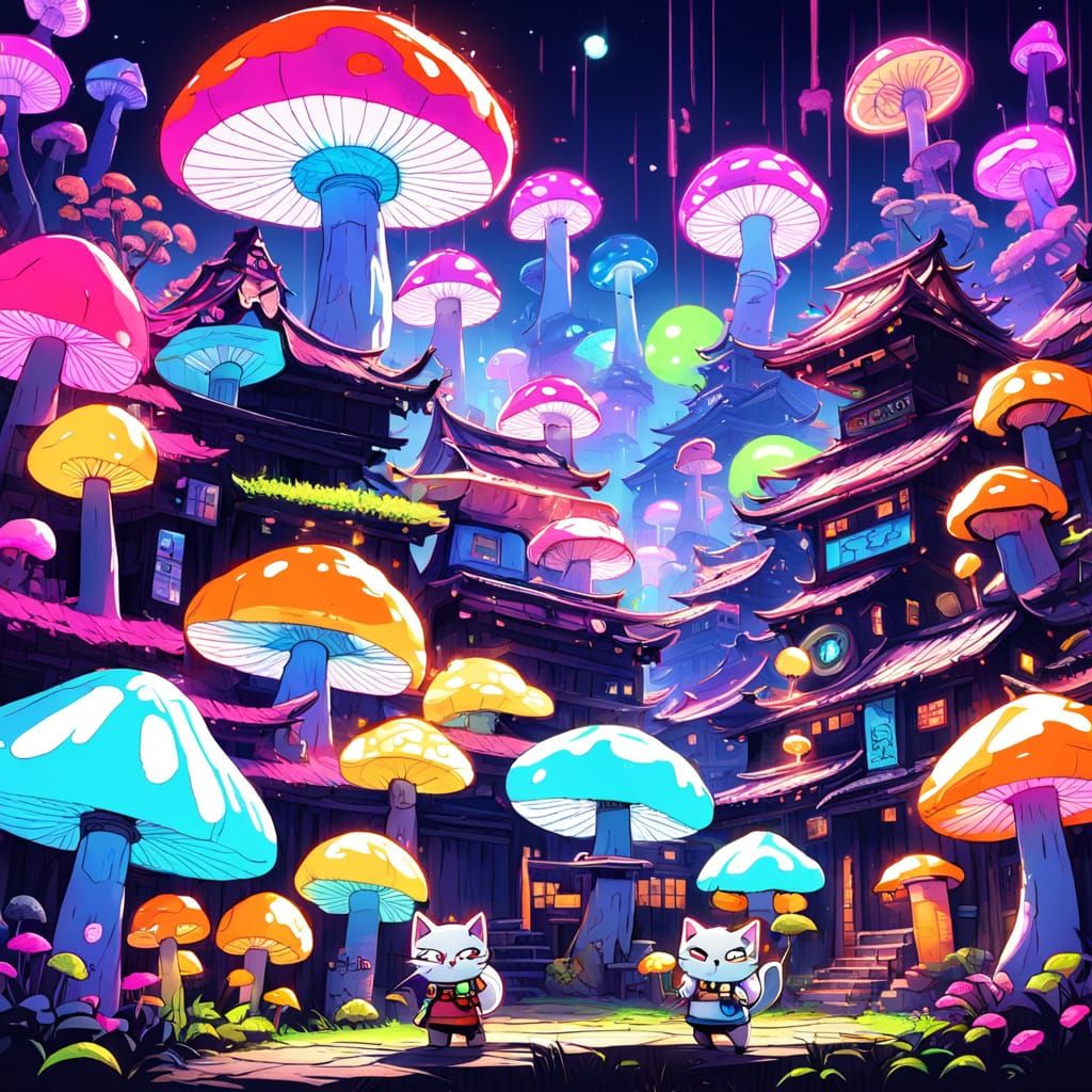 Neon Cat Ninja Village in Mushroom Forest