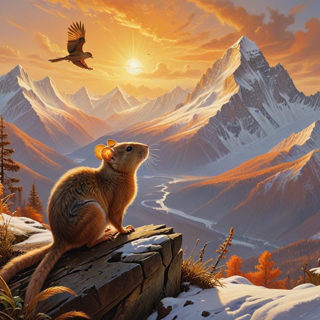 Gier Captures Rat over Himalaya in Sunlight