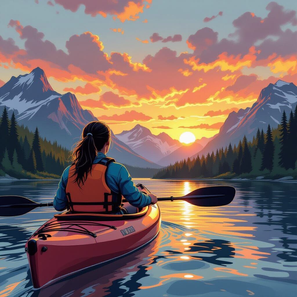 Woman Kayaking at Sunset in Comic Book Style