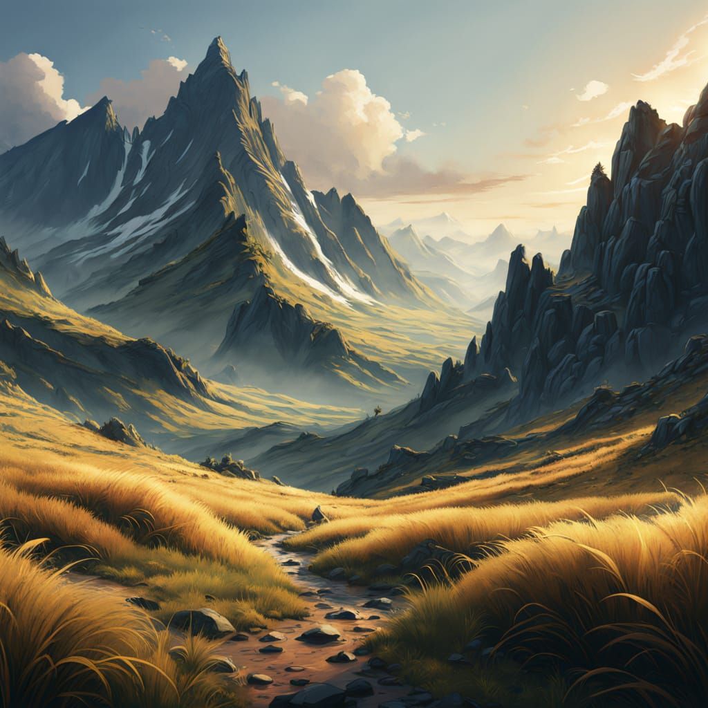 Rugged Mountain Landscape with Sinuous Sticky Grass