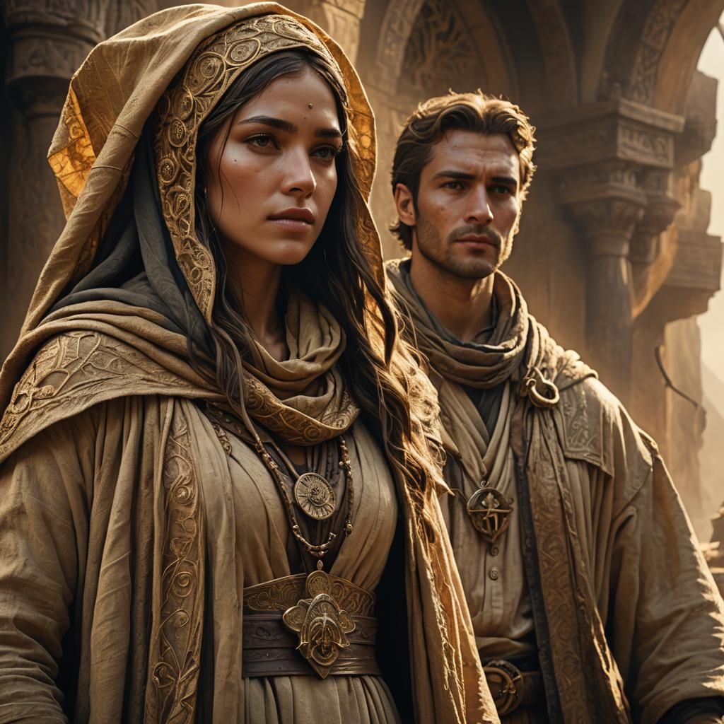 Fantasy Art: Veiled Woman and Sailor in Golden Light