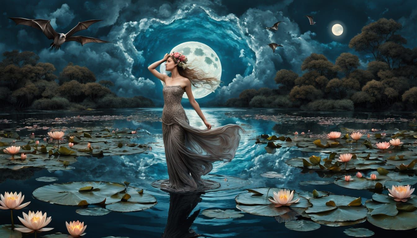 Ethereal Woman Dancing in a Surreal Ocean at Night