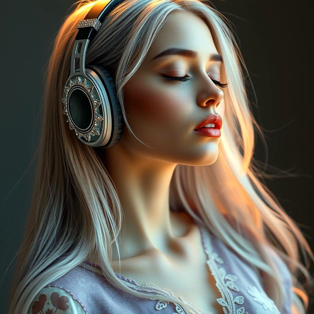 Ethereal Woman Listening to Music: Digital Art Portrait