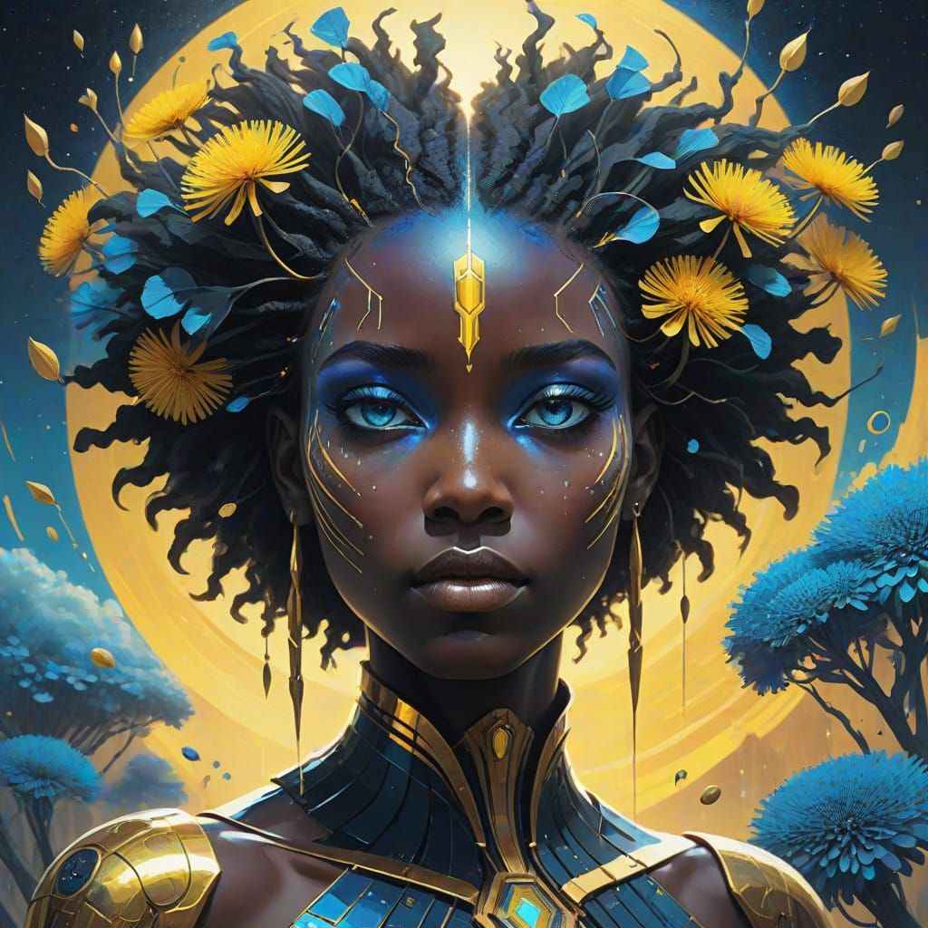 A head of a beautiful utopian man with dark skin and topaz b...