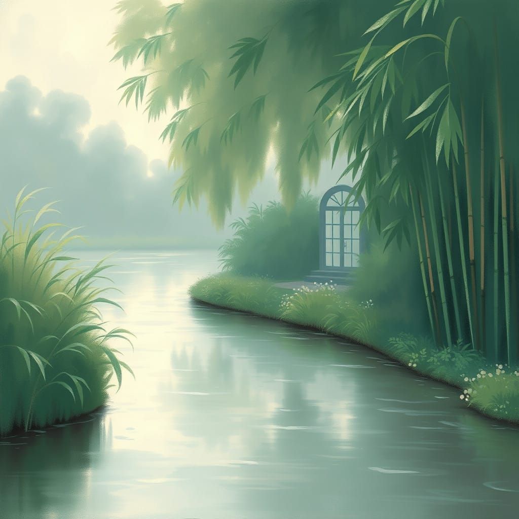 Impressionist Bamboo River Scene with Delicate Glass Door
