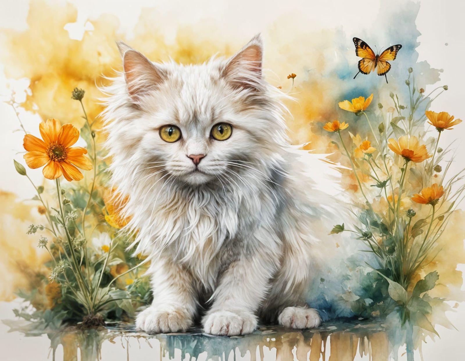 Adorable Angora Kitten in Wildflower Field at Golden Hour