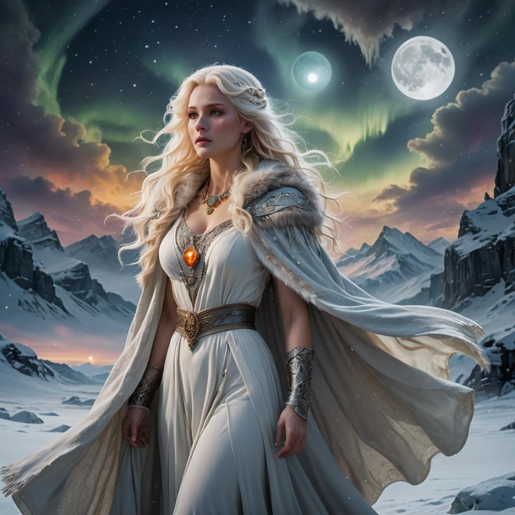 Goddess in Snowy Landscape with Aurora Borealis