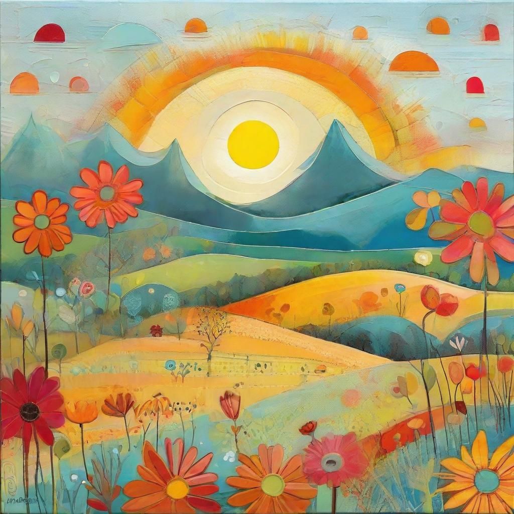 Colorful Whimsical Sunrise, Mid-Century Modern Style