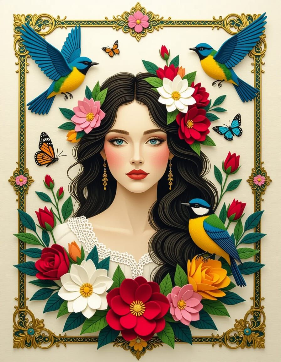 Felt Portrait of Woman with Flowers and Birds
