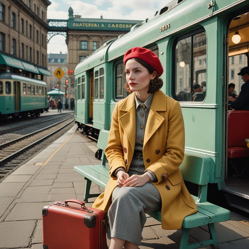 Girl at Train Station Cafe in Wes Anderson Style