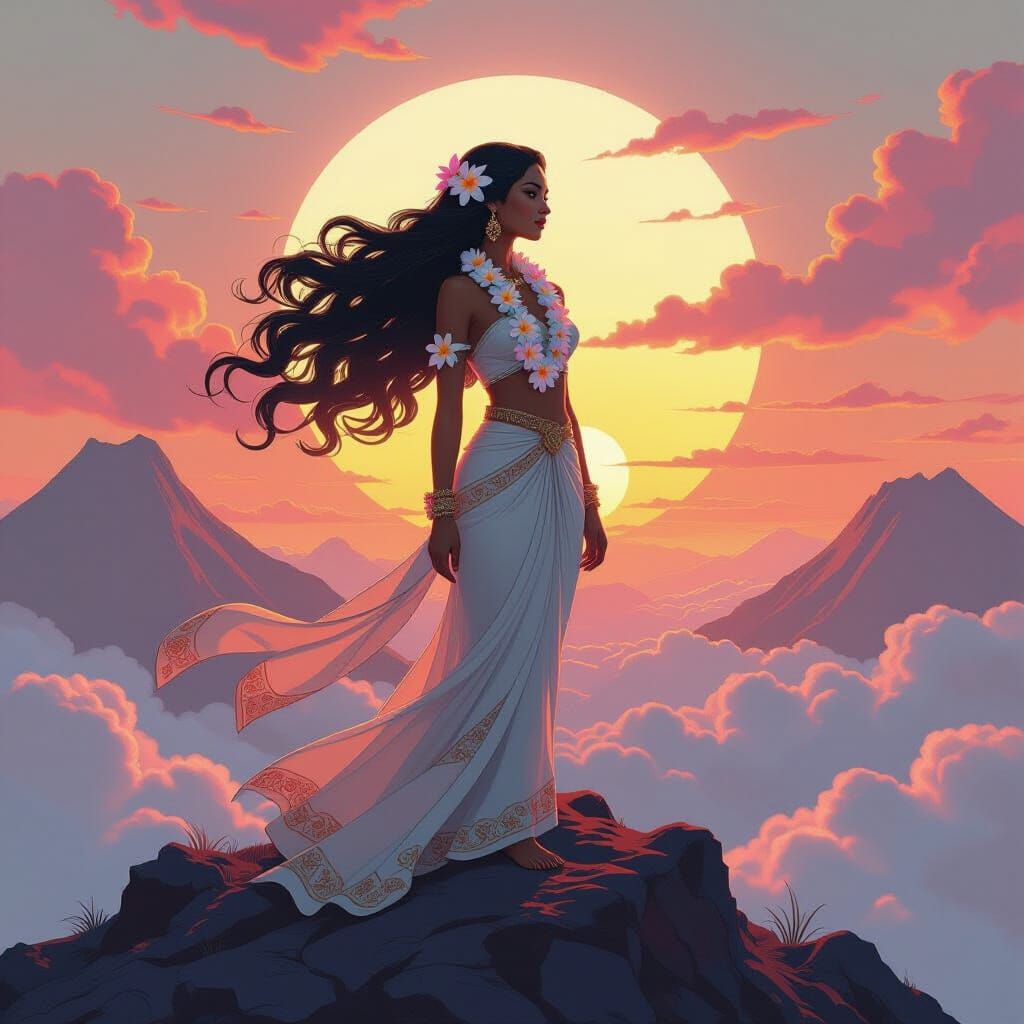 Hawaiian Goddess on Volcanic Peak: Art Nouveau Digital Paint...